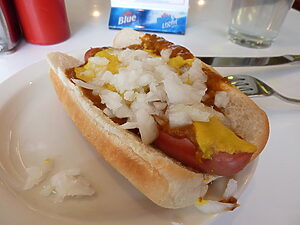 Coney Island Style Hot Dog on White Ceramic Plate
