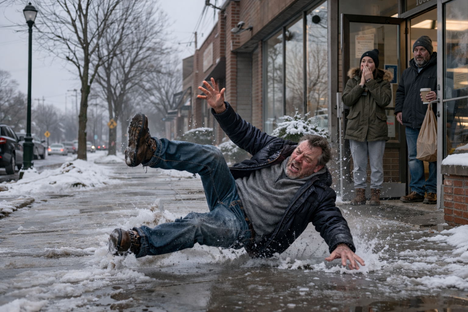 Man slipping and falling on an icy sidewalk in winter while two people watch from a store entrance