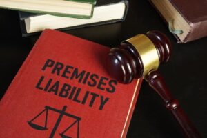 Premises liability is illustrated through text displayed on an open book, highlighting legal principles related to property owner responsibility for accidents on their premises.