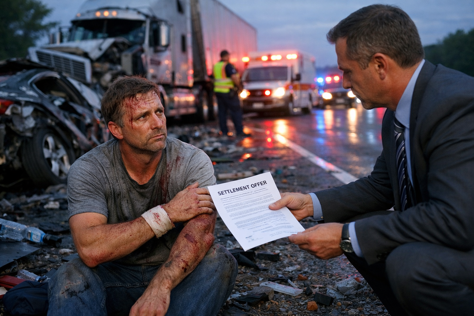 Injured man sitting at a truck accident scene reviewing a settlement offer from a lawyer with emergency vehicles in the background