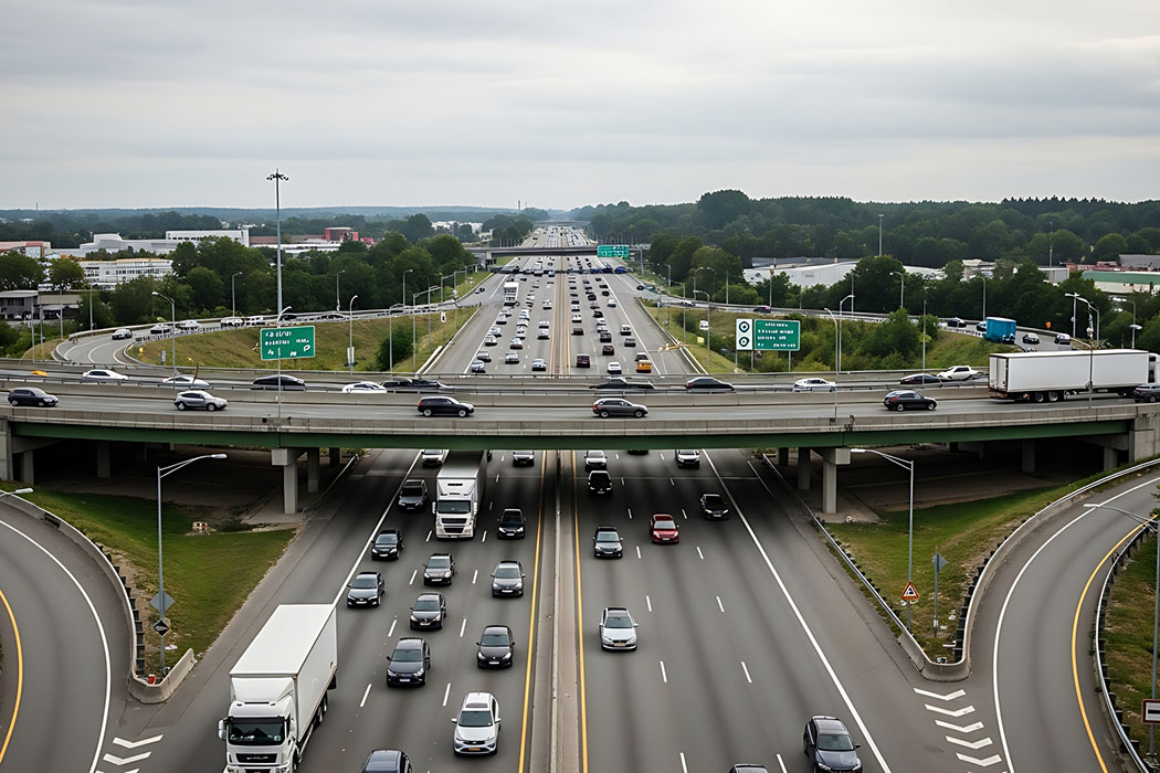 Cars and semi-trucks moving through dense freeway traffic, illustrating the increased congestion and collision risk on Detroit-area highways like I-75.
