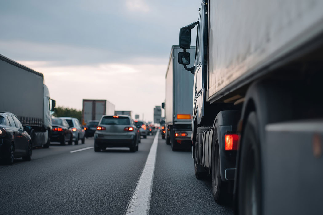 Multiple tractor-trailers traveling at night through fog on a highway, highlighting dangerous conditions that can contribute to serious truck accidents around Detroit’s I-75 corridor.