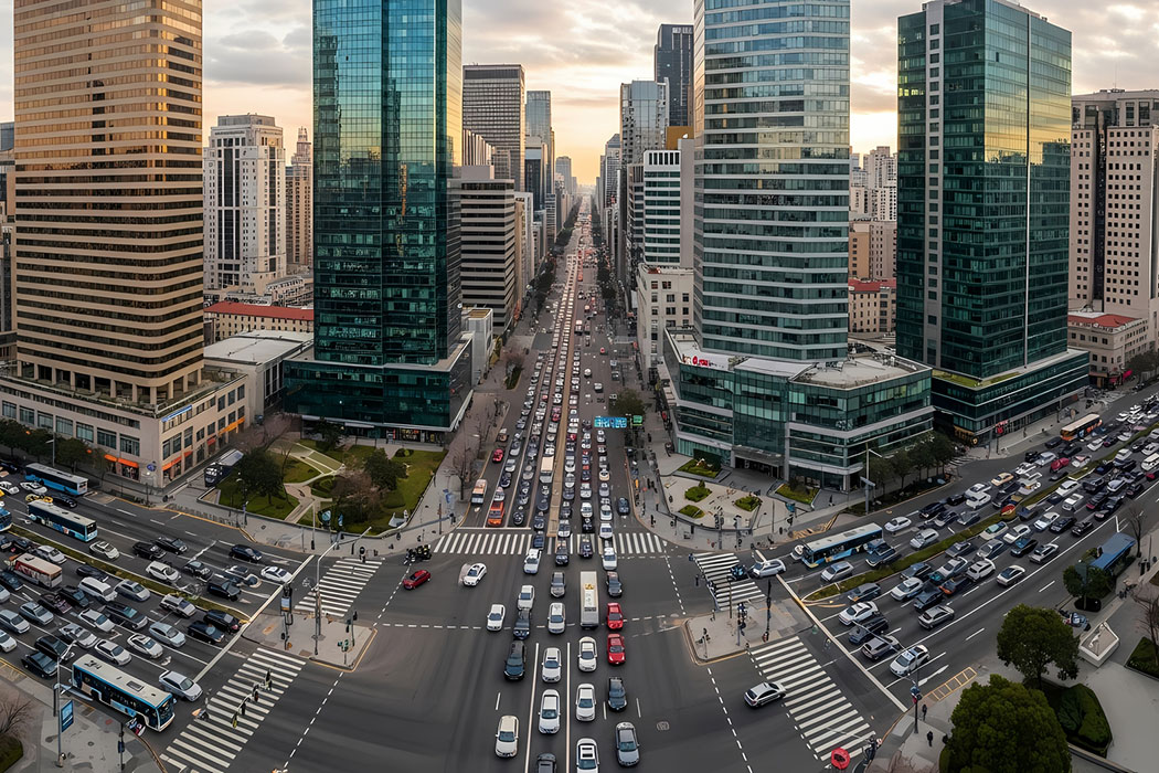 Aerial view of a busy downtown street grid with a traffic jam beside modern high-rises, representing congestion that increases crash risk at major city intersections.