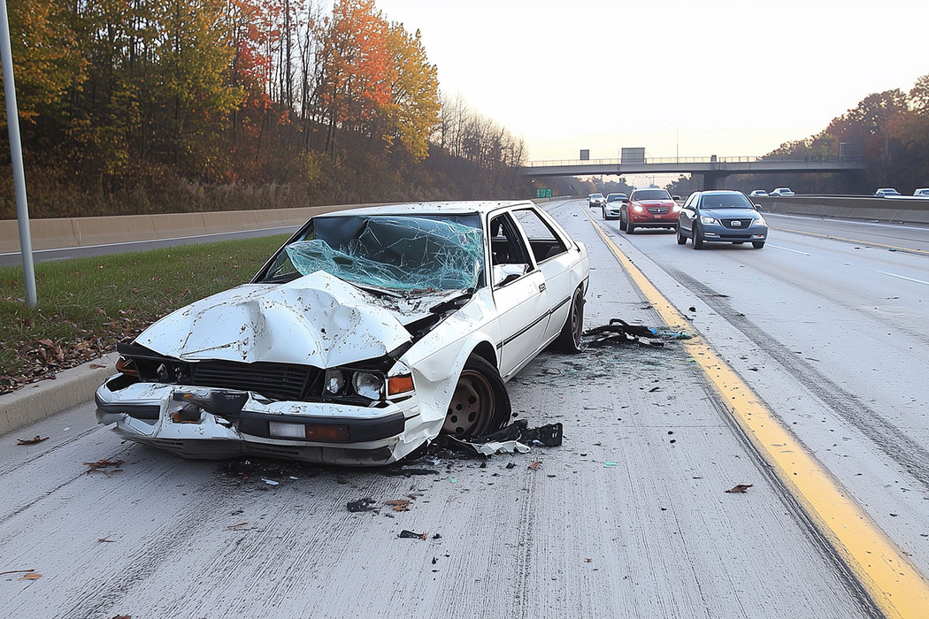 Damaged white car after a collision, representing an auto insurance claim affecting Dearborn rates