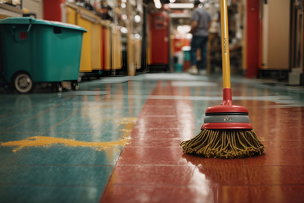 Close-up of a broom pushing water across a wet store floor, representing routine cleanup and safety inspections in big-box retailers.