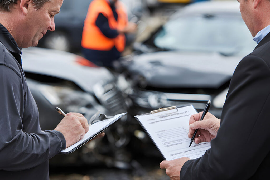 Two people documenting damaged vehicles after a car accident