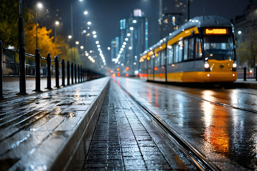 Yellow streetcar traveling on a wet city street at night with reflections on the pavement, representing QLine route collision risks and transit-accident claims in Downtown Detroit.