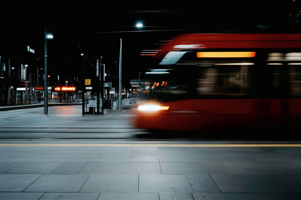 Blurred nighttime transit motion with city lights, representing fast-moving rail and traffic conditions that contribute to QLine and People Mover route accidents in Downtown Detroit.