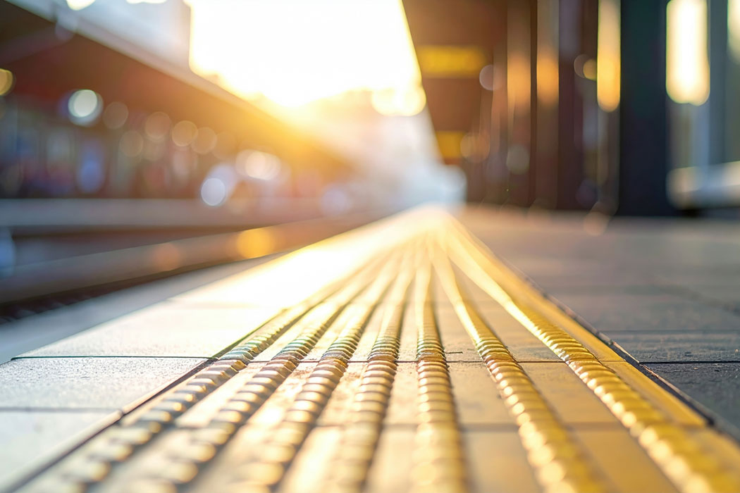 Tactile warning strip along a train platform edge with empty trackside space, representing safety risks and fall hazards near Detroit’s QLine and People Mover stations.