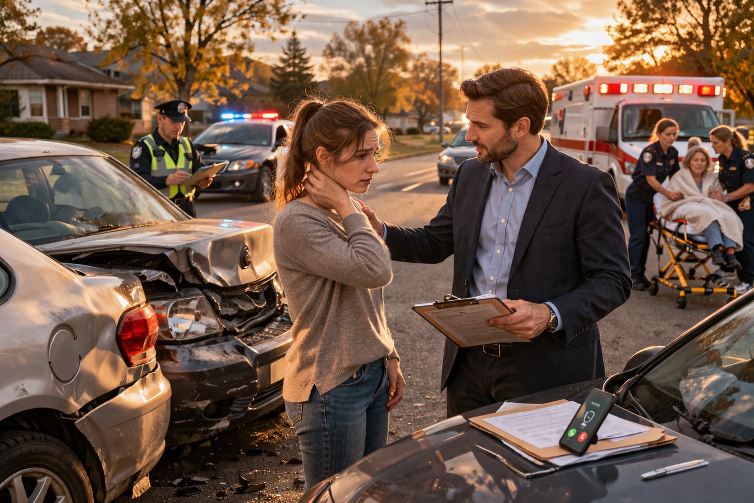 Injured woman speaking with a man holding paperwork after a car accident, with damaged vehicles, police officers, and an ambulance responding at the scene.