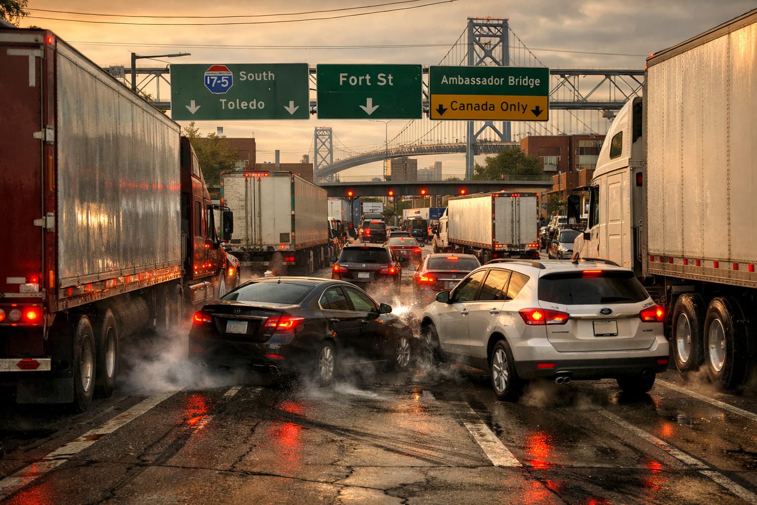 Multi-vehicle collision in heavy traffic near the Ambassador Bridge, with cars and semi-trucks on a wet roadway and highway signs directing to Toledo, Fort Street, and Canada.