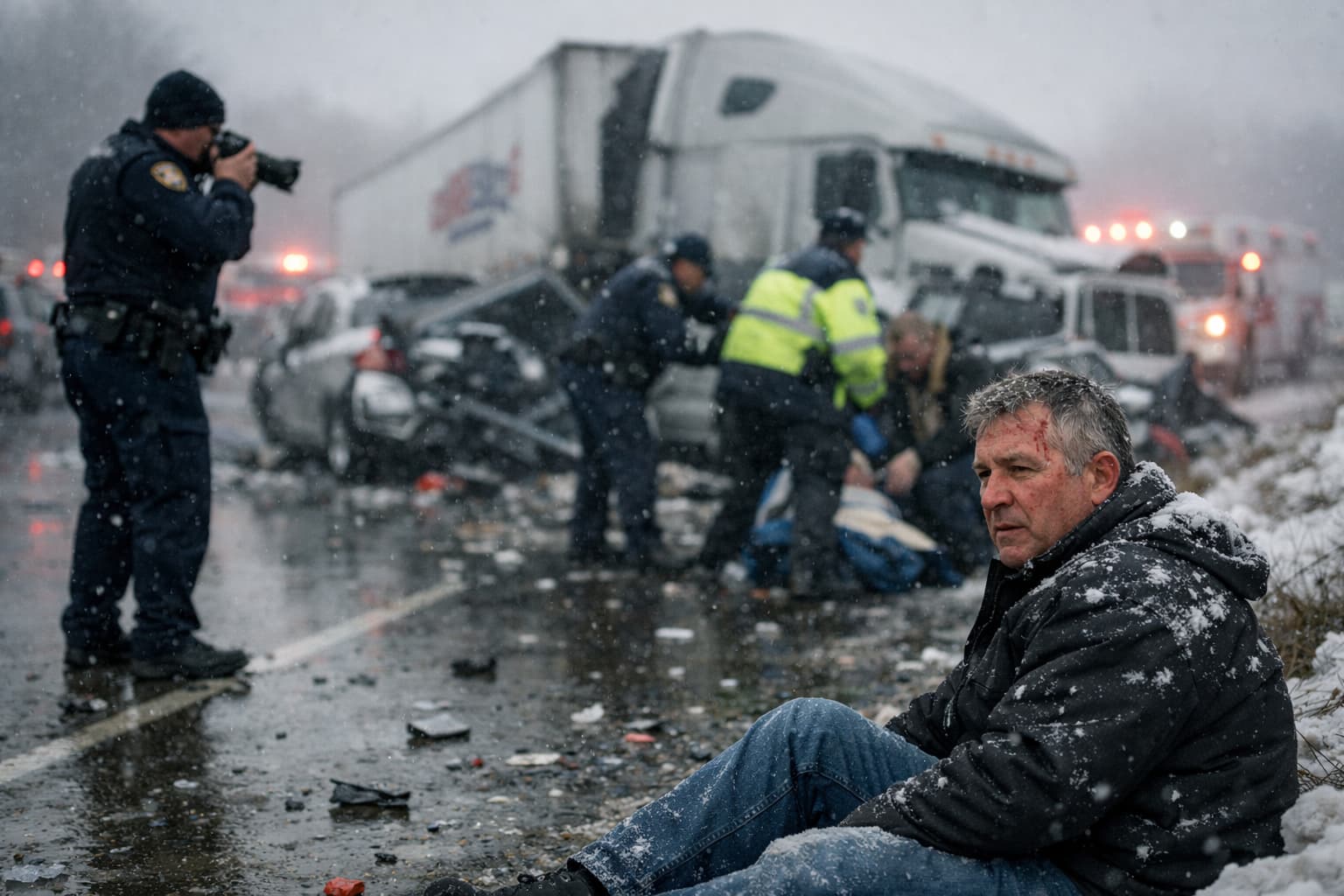 Injured man sitting on the roadside after a multi-vehicle crash in snowy conditions, with police, emergency responders, and a semi-truck involved in the background.