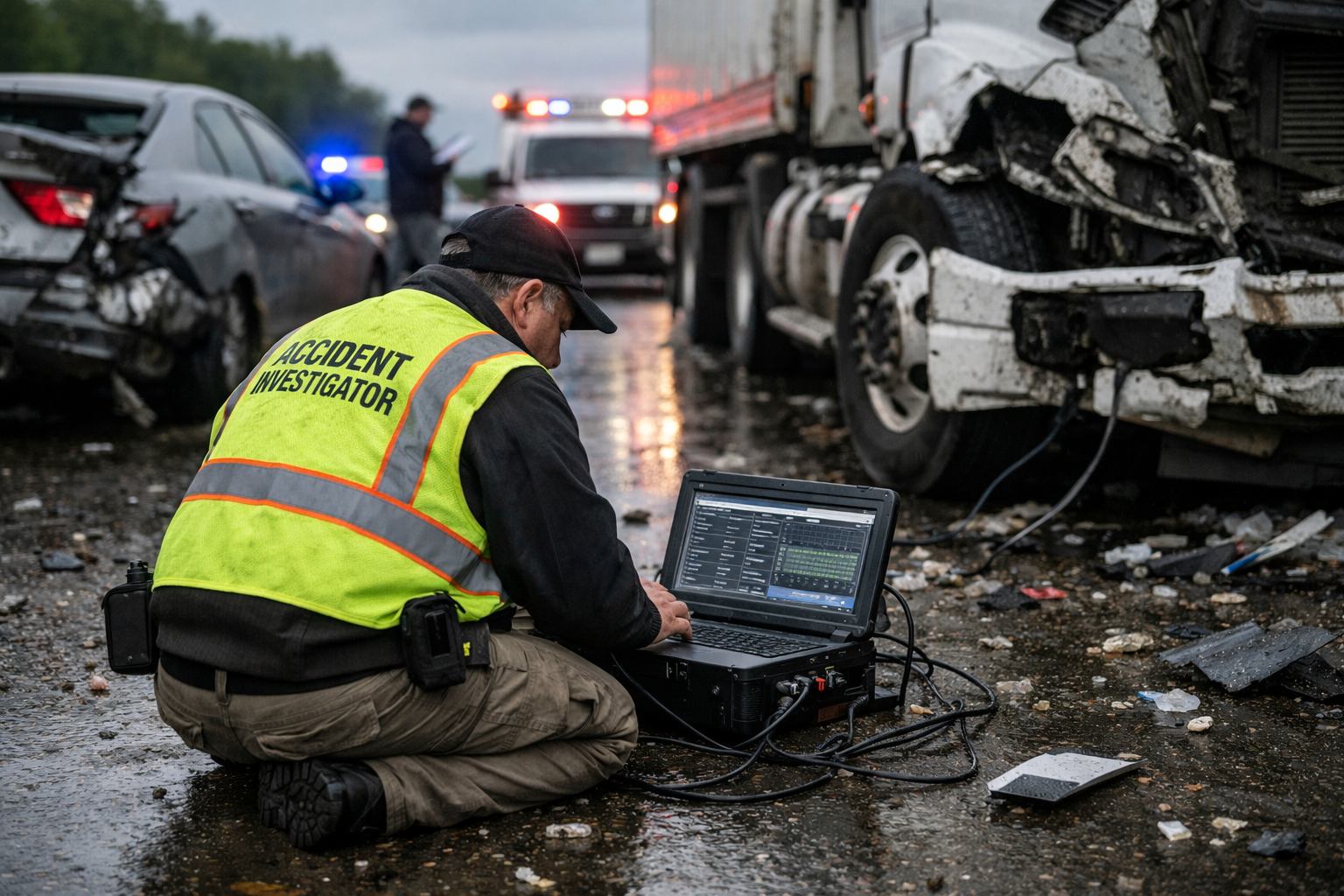 Accident investigator analyzing data on a laptop at a truck crash scene, with damaged vehicles, debris, and emergency responders in the background.
