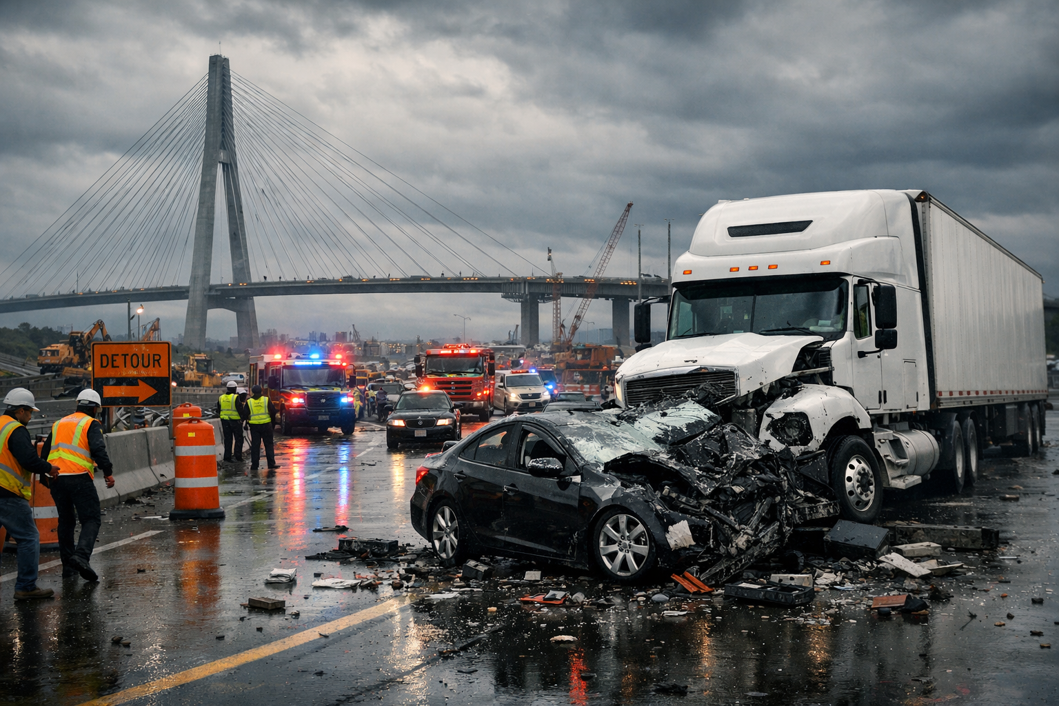 Truck collides with a black car on a wet highway in the rain, with emergency vehicles, construction workers, and a bridge under construction in the background.